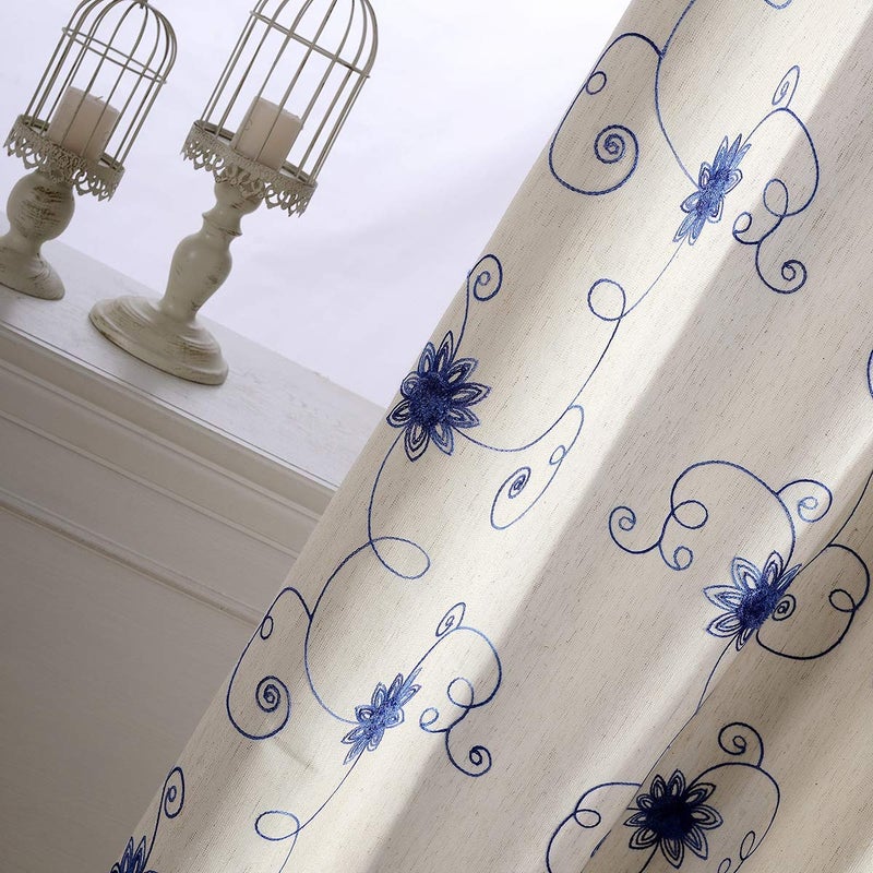 VOGOL Bedroom Curtains 96 Inches Long, Blue Floral Embroidered Elegant Window Treatments for Living Dining Room, Top Grommet, 2 Pieces - Image 3